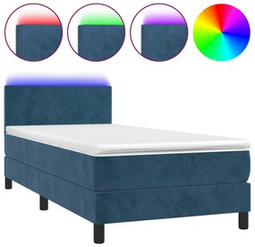 vidaXL Κρεβάτι Boxspring με Στρώμα &amp; LED Σκ. Μπλε 100x200εκ. Βελούδινο