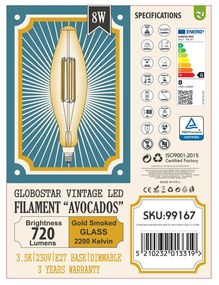 GloboStar 99167 Λάμπα LED Long Filament E27 3.5K AVOCADOS Γλόμπος 8W 650lm 360° AC 220-240V IP20 Φ12 x Υ44cm Ultra Θερμό Λευκό 2200K με Μελί Γυαλί Dimmable - 3 Χρόνια Εγγύηση