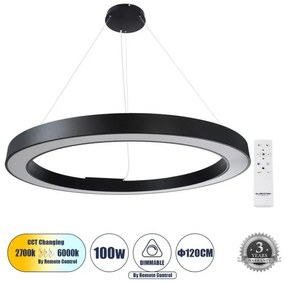 Κρεμαστό Φωτιστικό Δαχτυλίδι CCT 100W Φ120cm Αλουμίνιο Globostar-61198-Μαύρο 61198