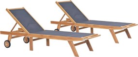 vidaXL Ξαπλώστρες Πτυσσόμενες 2 τεμ. από Μασίφ Teak/Textilene με Ρόδες
