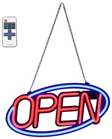 85860 GloboStar®  85860 Φωτιστικό Ταμπέλα Φωτεινή Επιγραφή NEON LED Σήμανσης Animated Ovale OPEN 30W AC 230V με Διακόπτη On/Off και Ασύρματο Χειριστήριο IR Μπλε - Κόκκινο