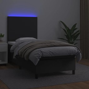 Κρεβάτι Boxspring με Στρώμα &amp; LED Μαύρο 90x200 εκ. Συνθ. Δέρμα - Μαύρο