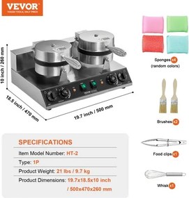 VEVOR Commercial Waffle Maker Dual-Head Round Waffle Iron 2460W Non-Stick