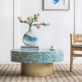 Artekko Ivory Τραπέζι Σαλονιού MDF/Capiz Άσπρο/Γαλάζιο (89x89x41)cm - 78482-BLUE