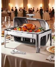 VEVOR 9Qt 1 Pack Rectangle Roll Top Chafing Dish Set with 2 Half Size Pans