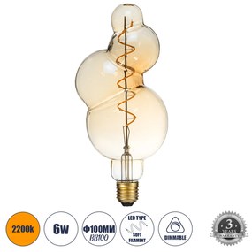 GloboStar® 99021 Λάμπα LED Soft S Spiral Filament E27 BB100 BUBBLES Γλόμπος 6W 420lm 360° AC 220-240V IP20 Φ10 x Υ24cm Ultra Θερμό Λευκό 2200K με Μελί Γυαλί - Dimmable - 3 Years Warranty