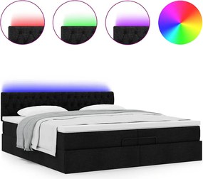 vidaXL Οθωμανικό κρεβάτι με στρώματα &amp; LEDs Μαύρο 200x200cm ύφασμα