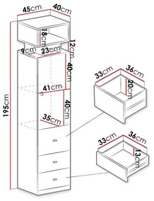 Βιβλιοθήκη Omaha E103, Με συρτάρια, Με πόρτες, Κλειστό, Πλαστικοποιημένη μοριοσανίδα, Ο αριθμός των θυρών: 1, Αριθμός συρταριών: 3, 195x45x40cm