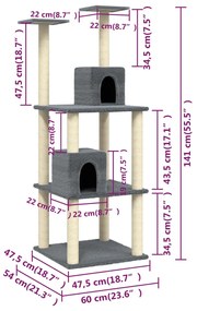 Γατόδεντρο Σκούρο Γκρι 141 εκ. με Στύλους Ξυσίματος από Σιζάλ - Γκρι