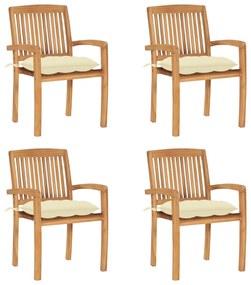 3073257 vidaXL Καρέκλες Κήπου Στοιβαζόμενες 4 τεμ. Μασίφ Ξύλο Teak &amp; Μαξιλάρια Λευκό, 1 Τεμάχιο
