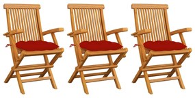 vidaXL Καρέκλες Κήπου 3 τεμ. από Μασίφ Ξύλο Teak με Κόκκινα Μαξιλάρια