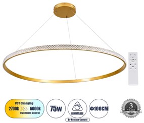 DIAMOND 61135 Κρεμαστό Φωτιστικό Δαχτυλίδι-Κύκλος LED CCT 75W 8743lm 360° AC 220-240V - Εναλλαγή Φωτισμού μέσω Τηλεχειριστηρίου All In One