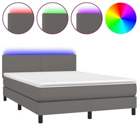 Κρεβάτι Boxspring με Στρώμα &amp; LED Γκρι 140x190 εκ. Συνθ. Δέρμα - Γκρι