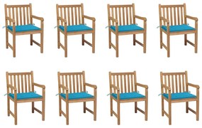 Καρέκλες Κήπου 8 Τεμαχίων από Μασίφ Ξύλο Teak με Μπλε Μαξιλάρια