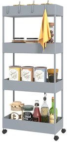 HOMCOM Τροχήλατο καρότσι κουζίνας με 4 ράφια, 4 εύκαμπτους γάντζους, 4 τροχούς, 40 cm x 19 cm x 90 cm, καρότσι για στενούς χώρους, Γκρι