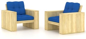 Καρέκλες Κήπου 2 τεμ. Εμποτ. Ξύλο Πεύκου &amp; Μπλε Ρουά Μαξιλάρια
