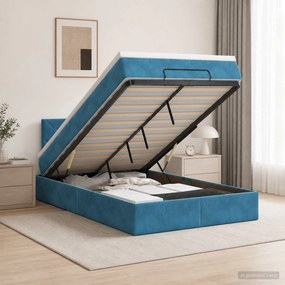 vidaXL Κρεβάτι Ottoman με Στρώμα και LED Σκούρο Μπλε 120 x 190 cm