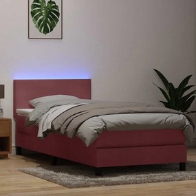 vidaXL Κρεβάτι Boxspring με Στρώμα &amp; LED Ροζ 80x220 εκ. Βελούδινο