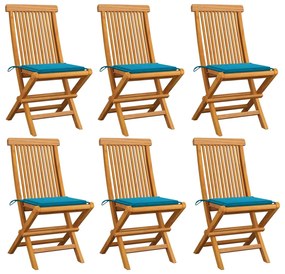 vidaXL Καρέκλες Κήπου 6 τεμ. από Μασίφ Ξύλο Teak με Μπλε Μαξιλάρια