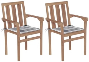Καρέκλες Κήπου 2 τεμ. από Μασίφ Ξύλο Teak &amp; Γκρι Καρό Μαξιλάρια