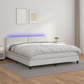 Κρεβάτι Boxspring με Στρώμα &amp; LED Λευκό 160x200 εκ. Συνθ. Δέρμα