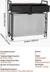 VEVOR 3 Section Laundry Sorter Rolling Laundry Hamper with Drawers Hooks Wheels