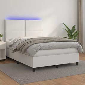 Κρεβάτι Boxspring με Στρώμα &amp; LED Λευκό 140x190 εκ. Συνθ. Δέρμα