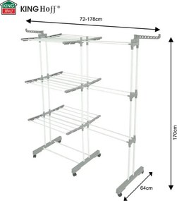 Στεγνωτήριο ρούχων Kinghoff KH 2044, 30 μ., έως 30 κιλά, 3 επίπεδα, ροδάκια, χάλυβας, λευκό/γκρι
