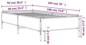 Πλαίσιο Κρεβατιού Καφέ Δρυς 90 x 190 εκ. Επεξ. Ξύλο &amp; Μέταλλο - Καφέ