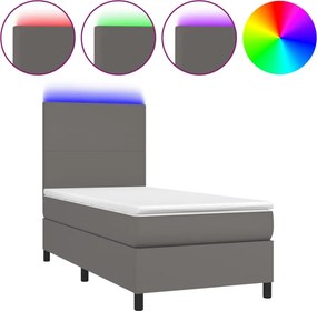 vidaXL Κρεβάτι Boxspring με Στρώμα &amp; LED Γκρι 100x200 εκ. Συνθ. Δέρμα