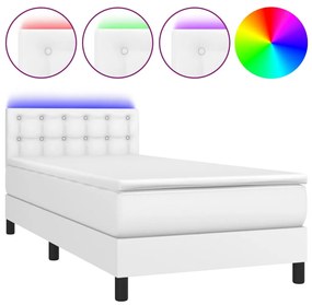 vidaXL Κρεβάτι Boxspring με Στρώμα & LED Λευκό 90x200 εκ. Συνθ. Δέρμα