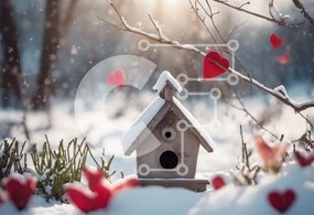 Intra Συλλεκτικό Ξύλινο Παζλ Plywood  4mm - Χιονισμένο Birdhouse με Κόκκινες Καρδιές Σε Ξύλινο Κουτί - Διαστάσεις: 10x10 cm – 25 κομμάτια