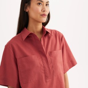 Ίσιo φόρεμα με κοντά μανίκια, από λινό και βαμβάκι