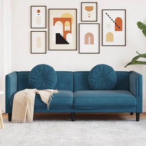 Καναπές Τριθέσιος Μπλε από Βελούδο με Μαξιλάρια - Μπλε