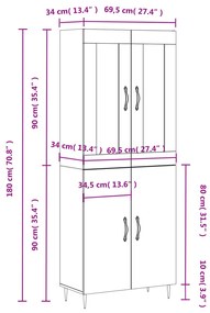 Ντουλάπι Γυαλιστερό Λευκό 69,5x34x180 εκ. Επεξεργασμένο Ξύλο - Λευκό