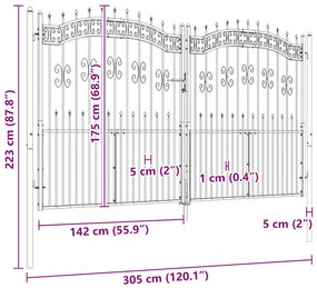 vidaXL Πόρτα Περίφραξης με Κορυφή Δόρυ Μαύρη 305x175 εκ. από Ατσάλι με Ηλεκτροστατική Βαφή
