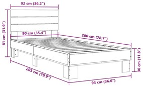 Πλαίσιο Κρεβατιού Sonoma Δρυς 90x200 εκ. Επεξ. Ξύλο &amp; Μέταλλο - Καφέ