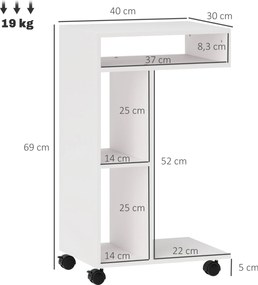HOMCOM Πλαϊνό τραπέζι, σερβιτόρος σε σχήμα C, 4 τροχοί, 3 ράφια, 40 x 30 x 69 cm, Λευκό