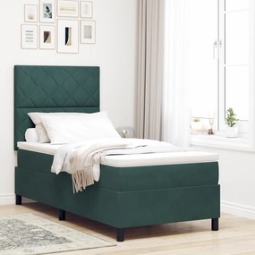 vidaXL Κρεβάτι Box Spring με Στρώμα Σκούρο Πράσινο Μονό Βελούδινο