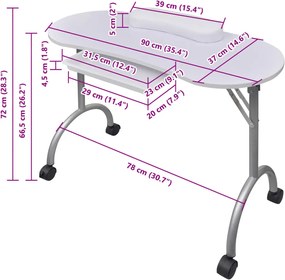 Αναδιπλούμενο Τραπέζι Μανικιούρ με Ροδάκια Λευκό