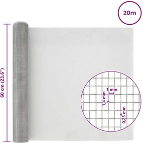 vidaXL Πλέγμα Οθόνης 18 mesh 60 x 2000 cm Ανοξείδωτο Ατσάλι 304 Ασημί