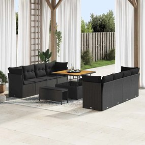 vidaXL 11 τεμάχια σετ καναπέ κήπου με μαξιλάρια, μαύρο πολυ rattan.