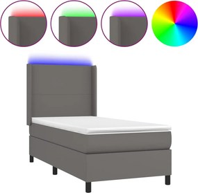 vidaXL Κρεβάτι Boxspring με Στρώμα &amp; LED Γκρι 100x200 εκ. Συνθ. Δέρμα