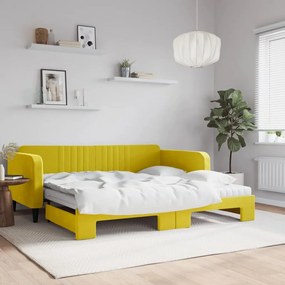 vidaXL Καναπές Κρεβάτι Συρόμενος Κίτρινο Βελούδινος Στρώματα
