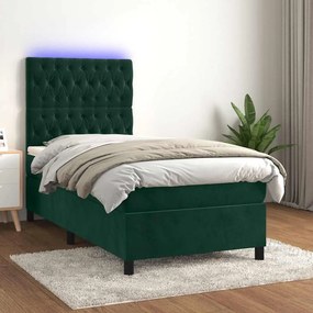 vidaXL Κρεβάτι Boxspring με Στρώμα &amp; LED Σκ. Πράσινο 100x200εκ Βελούδο