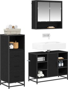 vidaXL Σετ Επίπλων Μπάνιου με ράφι 3 pcs Μαύρη Οξυά Επεξεργασμένο ξύλο