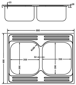 Νεροχύτης Διπλή Γούρνα Ασημί 800x600x155 χιλ. Ανοξείδωτο Ατσάλι - Ασήμι