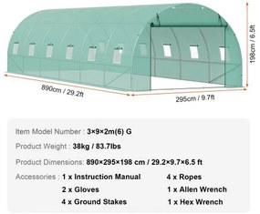 VEVOR Walk-in Tunnel Greenhouse 29.2x9.7x6.5ft Galvanized Frame PE Cover Green