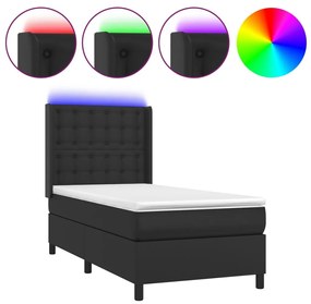 Κρεβάτι Boxspring με Στρώμα &amp; LED Μαύρο 90x190 εκ. Συνθ. Δέρμα - Μαύρο