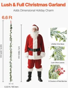 VEVOR 6.6Ft Christmas Garland with Vines Berries Olive Leaves and Light String